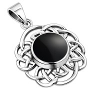 Round Celtic Knot Silver Pendant, set w Black Onyx