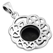 Round Celtic Knot Silver Pendant, set w Black Onyx