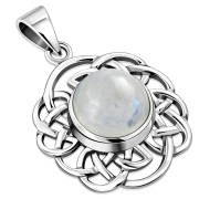 Round Celtic Silver Pendant, set w Rainbow Moonstone