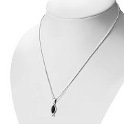 Black Onyx Silver Jesus Fish Pendant, p531