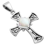 Mother Of Pearl Celtic Irish Trinity Knot Cross Silver Pendant, p564