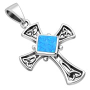 Synthetic Azure Opal Celtic Irish Trinity Knot Cross Silver Pendant, p564