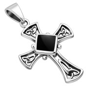 Black Onyx Celtic Irish Trinity Knot Cross Silver Pendant, p564
