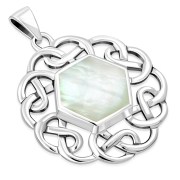 Mother Of Pearl Shell Hexagon Celtic Knot Silver Pendant, p635
