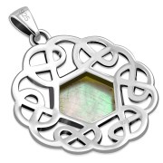 Mother Of Pearl Shell Hexagon Celtic Knot Silver Pendant, p635
