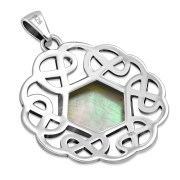 Mother Of Pearl Shell Hexagon Celtic Knot Silver Pendant, p635