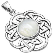 Mother Of Pearl Shell Round Celtic Knot Silver Pendant, p636
