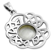 Mother Of Pearl Shell Round Celtic Knot Silver Pendant, p636