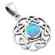 Small Synthetic Azure Opal Round Celtic Knot Silver Pendant - p692