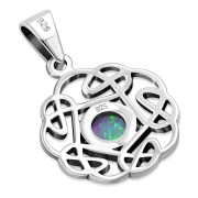Small Synthetic Azure Opal Round Celtic Knot Silver Pendant - p692