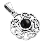 Small Black Onyx Round Celtic Knot Silver Pendant - p692