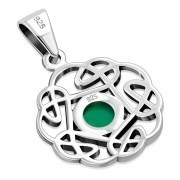 Small Green Agate Round Celtic Knot Silver Pendant - p692