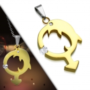 Gold Color Plated Stainless Steel 2-tone Dolphin Male Gender Symbol Charm Pendant w/ Clear CZ - PBL526