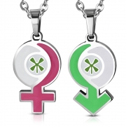 Stainless Steel 2-Piece Pink & Green Enameled Flower Gender Symbol Couple Pendant - PBL665