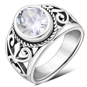 Engraved Style Ethnic Silver Ring set w Clear CZ, r2