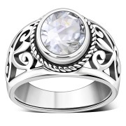 Engraved Style Ethnic Silver Ring set w Clear CZ, r2