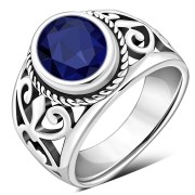 Engraved Style Silver Ring w Blue Sapphire CZ, r2