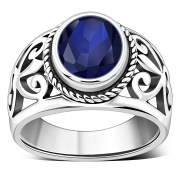 Engraved Style Silver Ring w Blue Sapphire CZ, r2