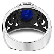 Engraved Style Silver Ring w Blue Sapphire CZ, r2