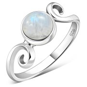 Delicate Silver Spiral Ring, w Rainbow Moonstone, r70