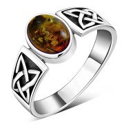 Celtic Amber Stone Silver Band Ring, r111