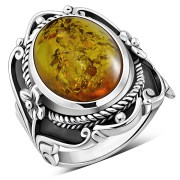 Baltic Amber Milgrain Floral Edge Ethnic Silver Ring, r207