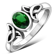 Thin Solid Silver Celtic Green CZ Ring, r329