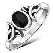 Thin Celtic Faceted Black Onyx Stone Ring, r329