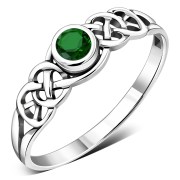 Green CZ Celtic Knot Silver Ring, r407