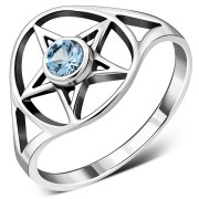 Faceted Blue Topaz Stone Pentacle Sterling Silver Ring, r427