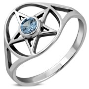 Faceted Blue Topaz Stone Pentacle Sterling Silver Ring, r427