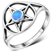 Synthetic Azure Opal Pentacle Sterling Silver Ring, r427