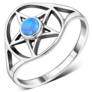 Synthetic Azure Opal Pentacle Sterling Silver Ring, r427