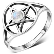 Rainbow Moonstone Pentacle Sterling Silver Ring, r427