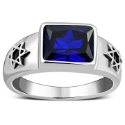Star David Mens Silver Ring w Blue Sapphire Corundum, r434