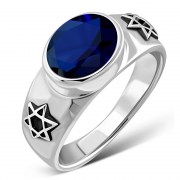 Star of David Silver Ring w Blue Sapphire CZ r435
