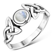 Trinity Knot Rainbow Moonstone Silver Ring, r442