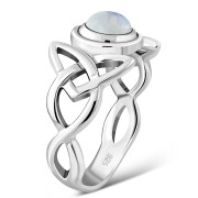 Trinity Knot Rainbow Moonstone Silver Ring, r442