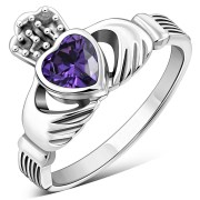 Celtic Claddagh Ring w Amethyst CZ, r446