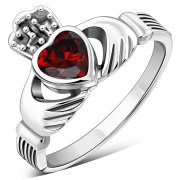 Celtic Claddagh Silver Ring set w Garnet CZ, r446