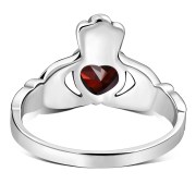Celtic Claddagh Silver Ring set w Garnet CZ, r446