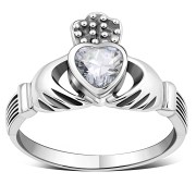 Silver Celtic Claddagh Ring w Clear CZ, r446