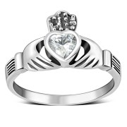 Silver Celtic Claddagh Ring w Clear CZ, r446