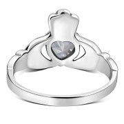 Silver Celtic Claddagh Ring w Clear CZ, r446