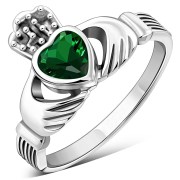 Celtic Claddagh Ring w Green CZ, r446