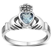 Celtic Claddagh Ring w Blue Topaz CZ, r446