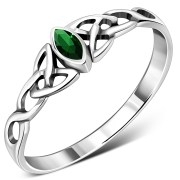 Thin Celtic Knot Silver Ring, set w Green CZ, r494