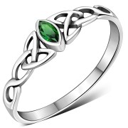 Thin Celtic Knot Silver Ring, set w Green CZ, r494