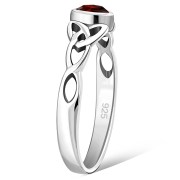 Celtic Thin Trinity Knot Silver Ring w Garnet, r494