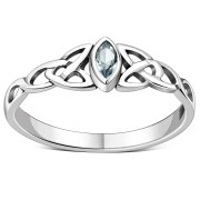 Thin Celtic Knot Silver Ring, set w Blue Topaz CZ, r494